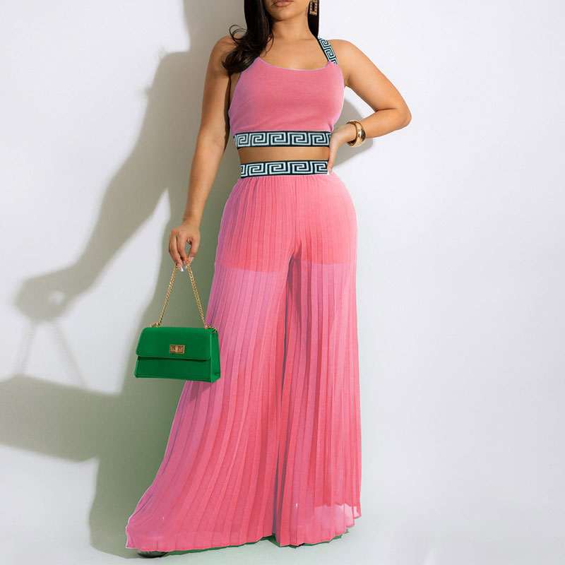 Print Sleeveless Crop Top & Wide Leg Pants Set