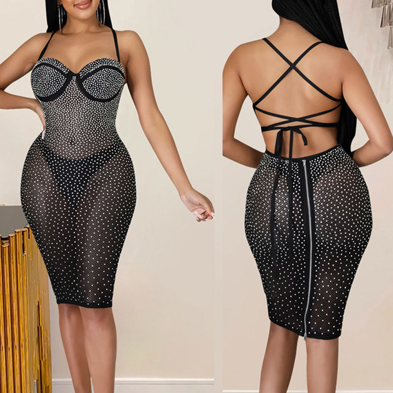 Rhinestone Sleeveless Sheer Mesh Bandage Bodycon Dress