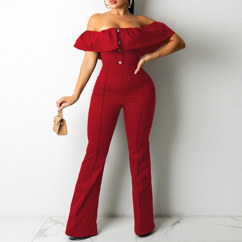 Solid Off Shoulder Button Detailed Ruffles Jumpsuit