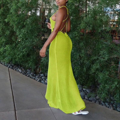 Solid Sleeveless Deep V-Neck See Through High Slit Dress