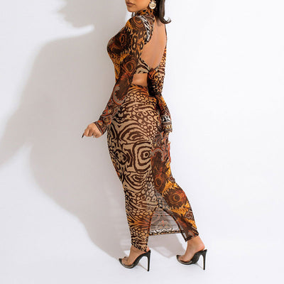 Print Long Sleeve Sheer Mesh Backless Maxi Dress