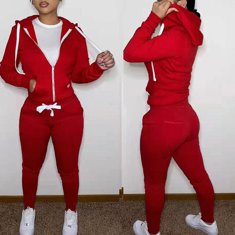 Solid Long Sleeve Hoodie Top & Pants Set