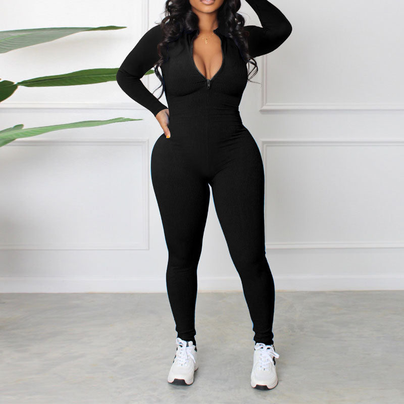 Solid Long Sleeve Zipper Design Skinny Jumpsuit