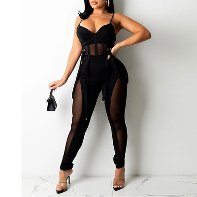 Solid Sleeveless Sheer Mesh Bandage Jumpsuit