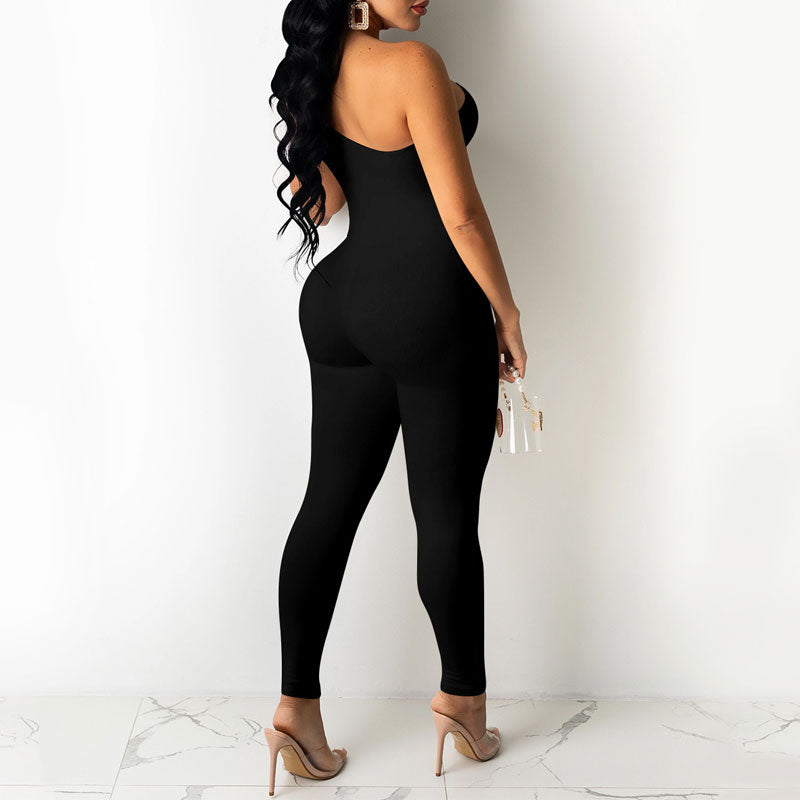 Solid Sleeveless One Shoulder Cut Out Jumpsuit