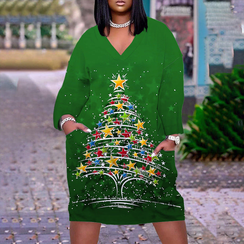 Christmas Tree Print V-Neck Midi Dress