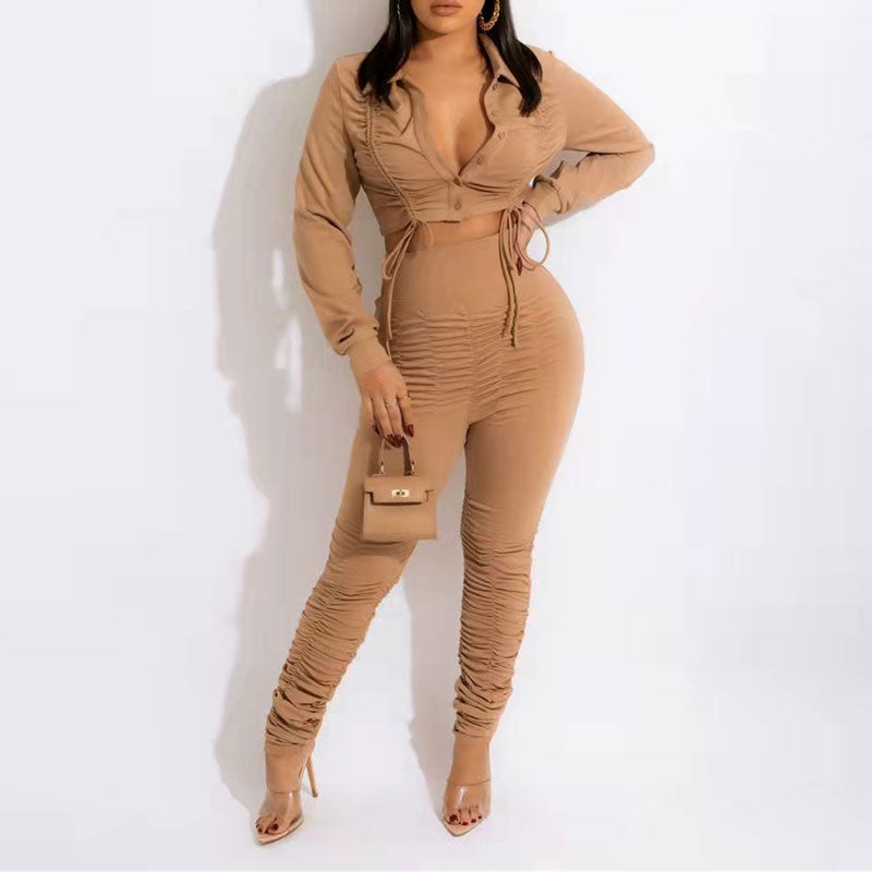 Solid Long Sleeve Drawstring Crop Top & Ruched Pants Set