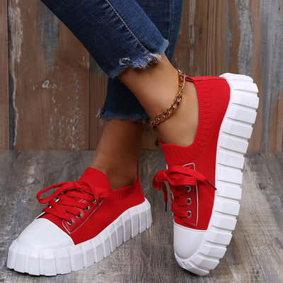 Colorblock Lace Up Fly Knitted Sneakers