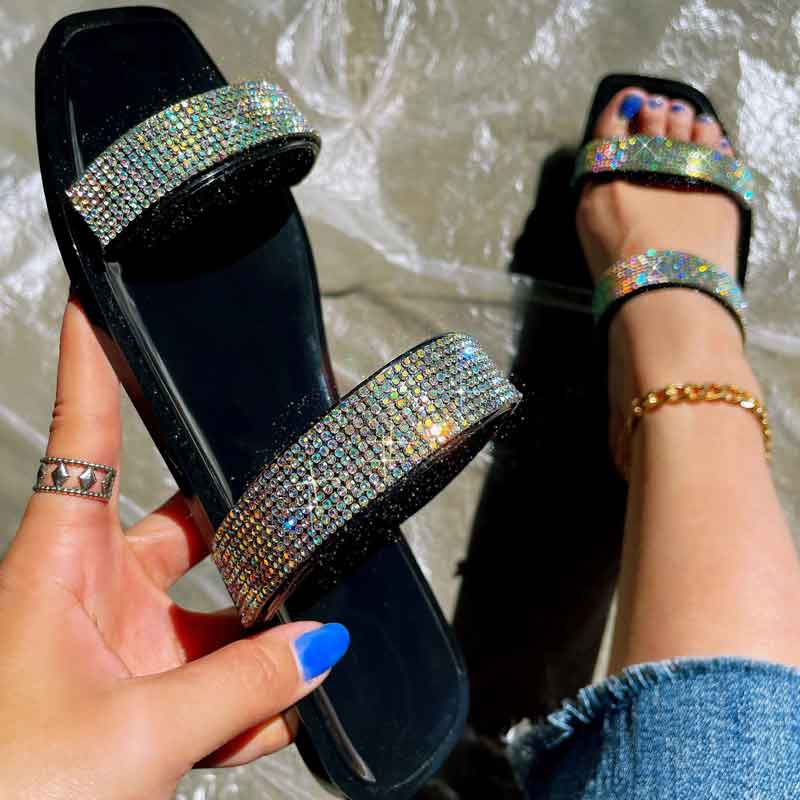 Rhinestone Square Toe Double Strap Flat Sandals