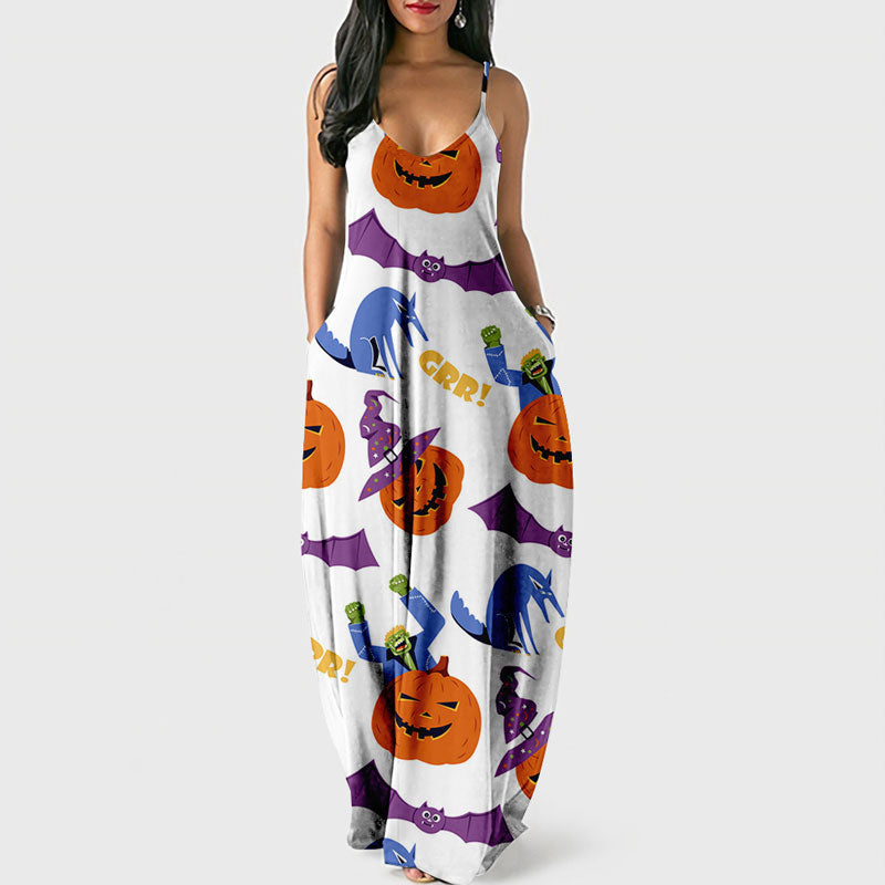 Halloween Pumpkin Print Pocket Design Spaghetti Strap Maxi Dress