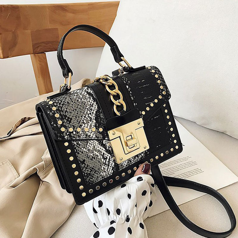 Snakeskin Pattern Chain Flap Satchel Bag