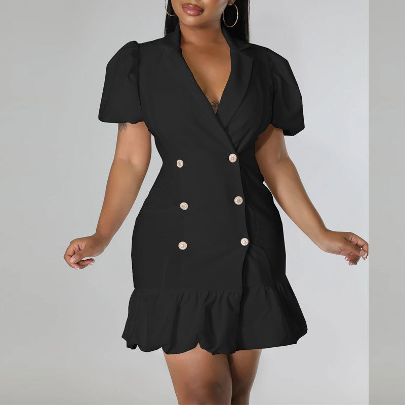 Solid V-Neck Puff Sleeve Double Breasted Fishtail Mini Dress