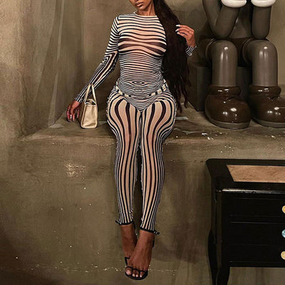 Striped Pattern Long Sleeve Sheer Mesh Jumpsuit