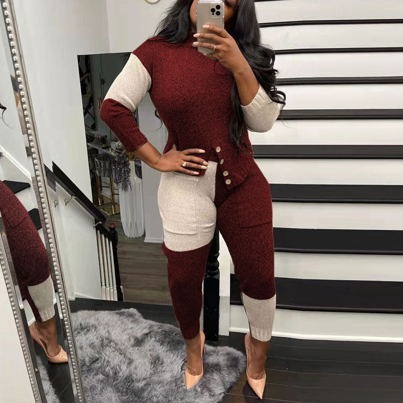 Colorblock Long Sleeve Button Detailed Knitted Top & Pants Set