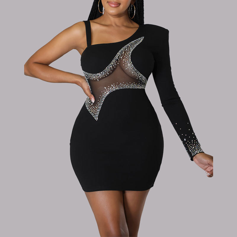 Rhinestone One Shoulder Long Sleeve Sheer Mesh Bodycon Dress