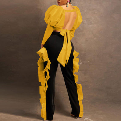 Colorblock Puff Sleeve Crop Top & Ruffles Pants Set