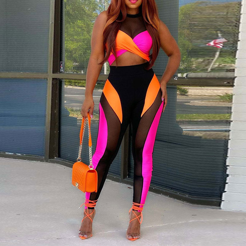 Colorblock Sleeveless Sheer Mesh 2PCS Pants Set