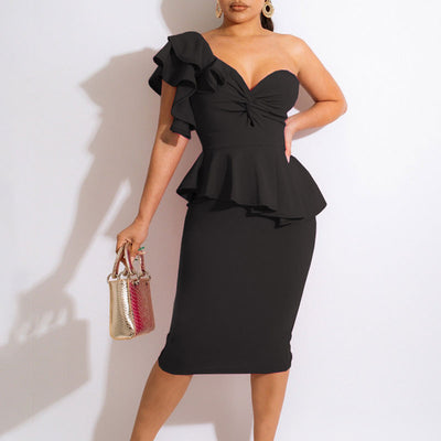 Solid One Shoulder Sleeveless Ruffles Bodycon Dress