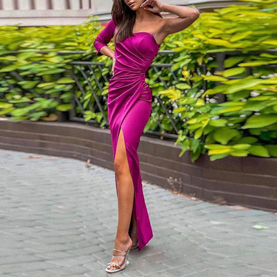 Solid One Shoulder Long Sleeve Ruched High Slit Party Dress