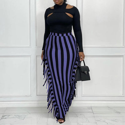 Striped Pattern High Waist Tassel Design Skirt