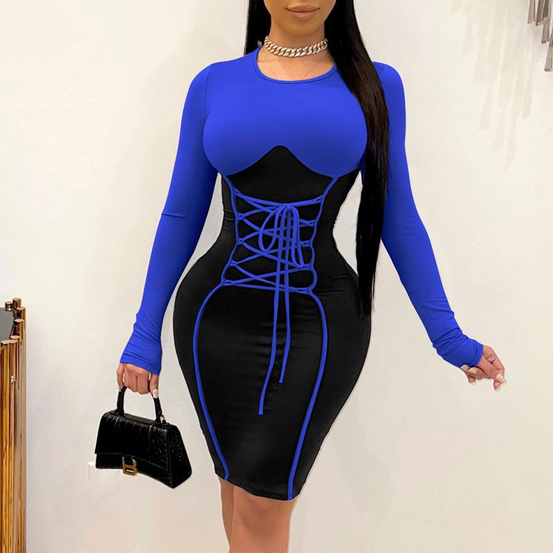 Colorblock Long Sleeve Lace Up Bodycon Dress