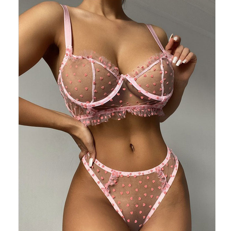 Heart Pattern Sheer Mesh Lingerie Set