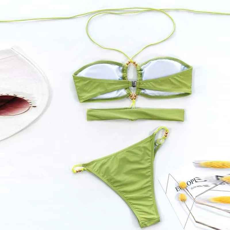 Solid Halter Beaded 2PCS Bikini Set