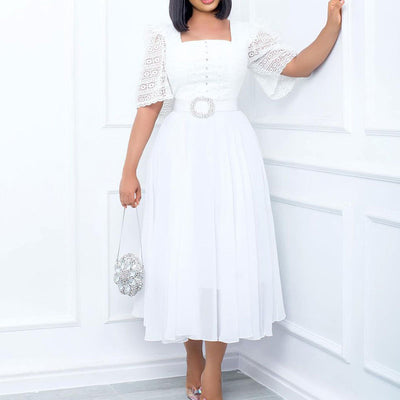 Beaded Square Neck Hollow Out Sleeve Chiffon Midi Dress