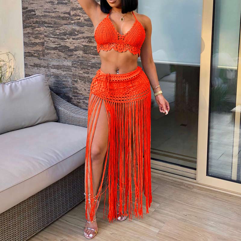 Solid Tassel Design Knitted Two Piece Skirt Set