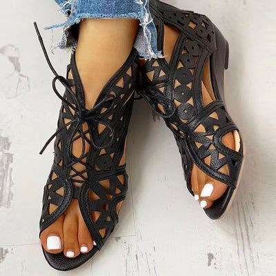 Solid Hollow Out Lace Up Flat Sandals