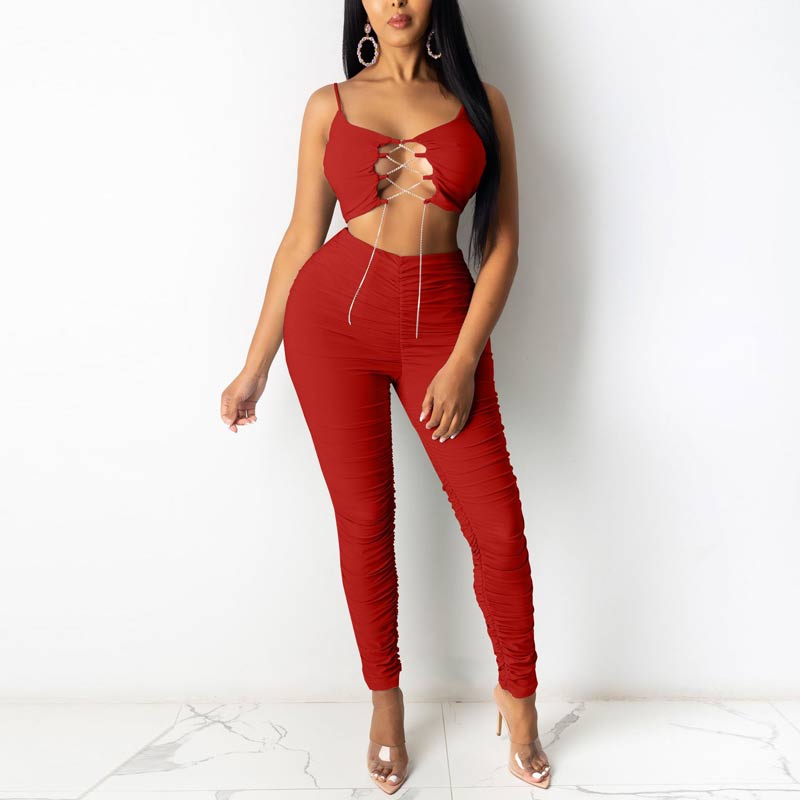 Solid Lace Up Crop Top & Pants Set