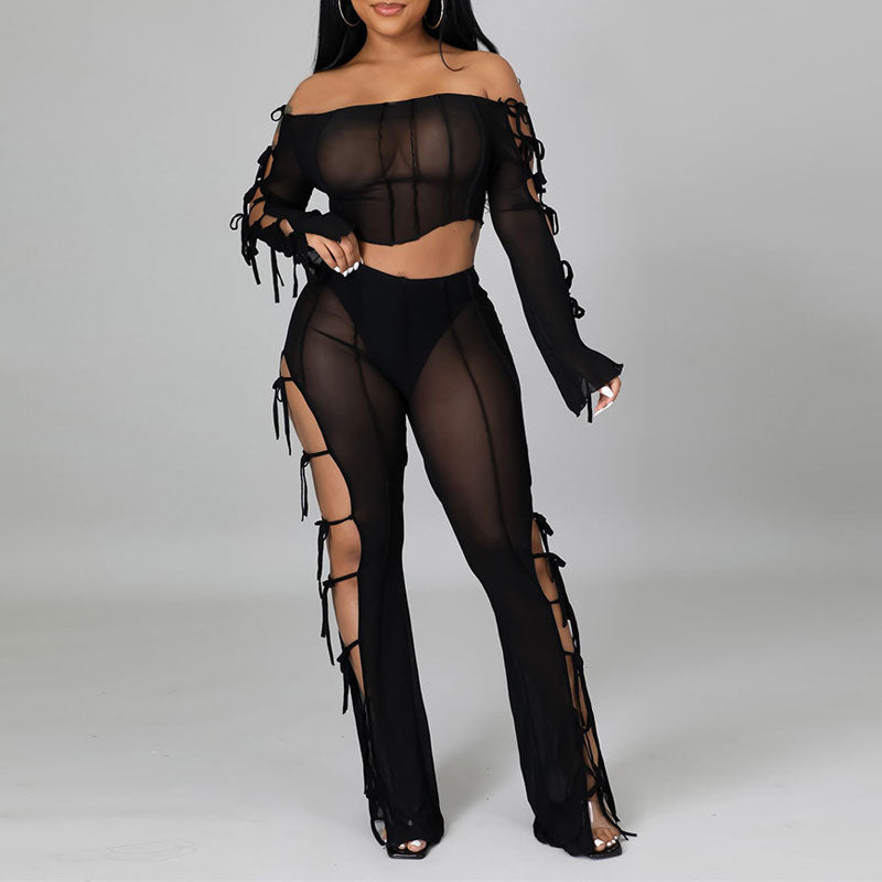 Sheer Mesh Off Shoulder Crop Top & Cut Out Pants Set