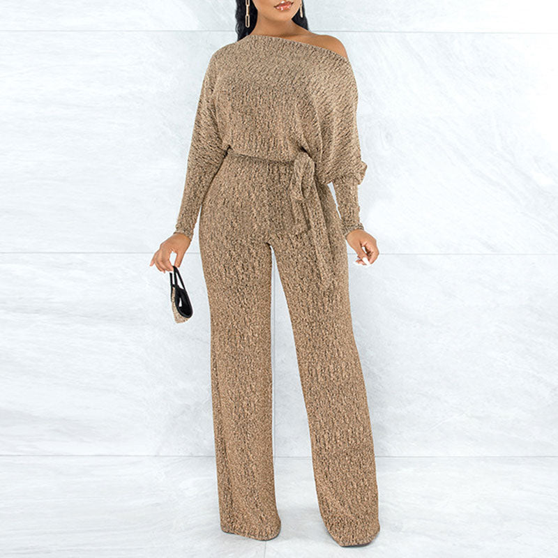 Solid Oblique Shoulder Long Sleeve Belted Jumpsuit