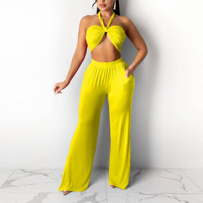 Solid Sleeveless Halter Crop Top & Pants Set