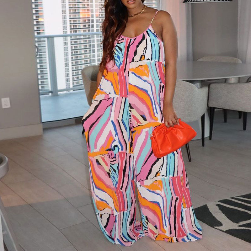 Print Sleeveless Wide Leg Loose Jumpsuit