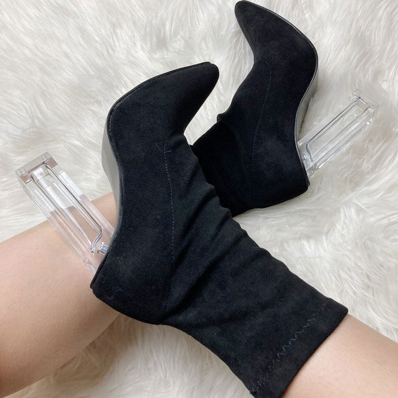 Suede Clear Chunky Heeled Boots