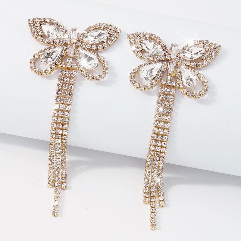 Rhinestone Butterfly Pattern Tassel Design Earrings