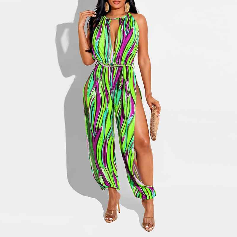 Print Sleeveless Cut Out Slit Jumpsuit