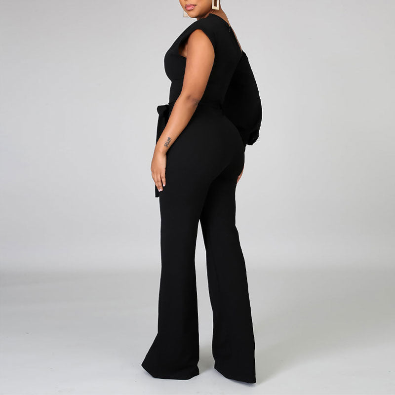 Solid One Shoulder Belted Wide Leg Jumpsuit