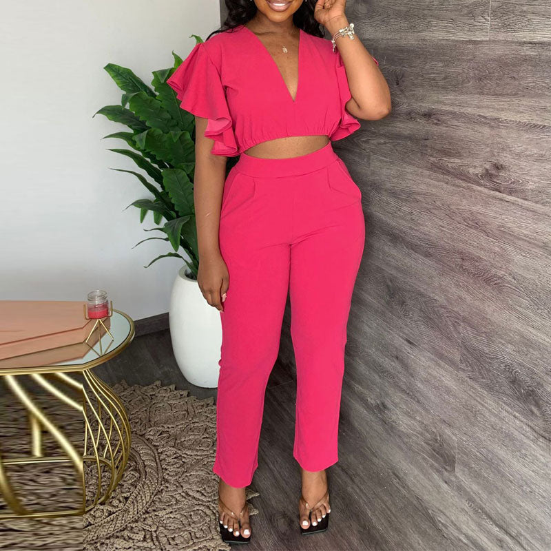 Solid V-Neck Ruffles Crop Top & Pants Set