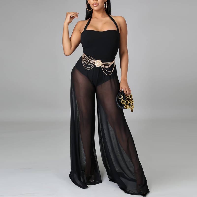 Solid Halter Sheer Mesh See Through Jumpsuit