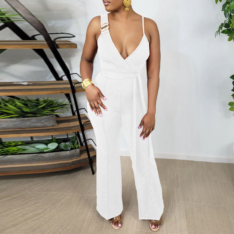 Solid Deep V-Neck Sleeveless Belted Wide Leg Jumpsuit