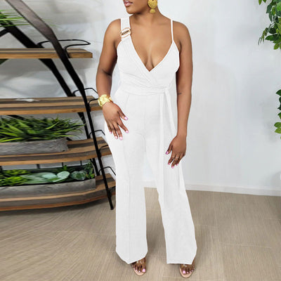 Solid Deep V-Neck Sleeveless Belted Wide Leg Jumpsuit