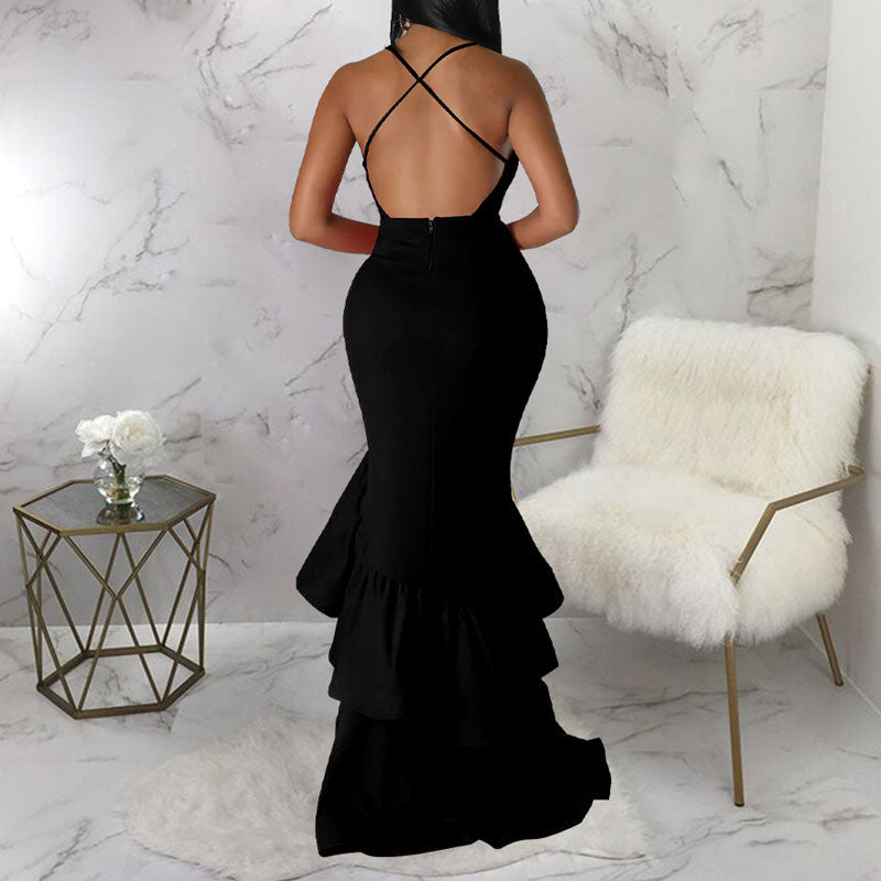 Solid Sleeveless Deep V-Neck High Slit Ruffle Design Maxi Dress