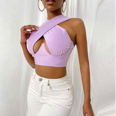 Solid Sleeveless Halter Cut Out Crop Top