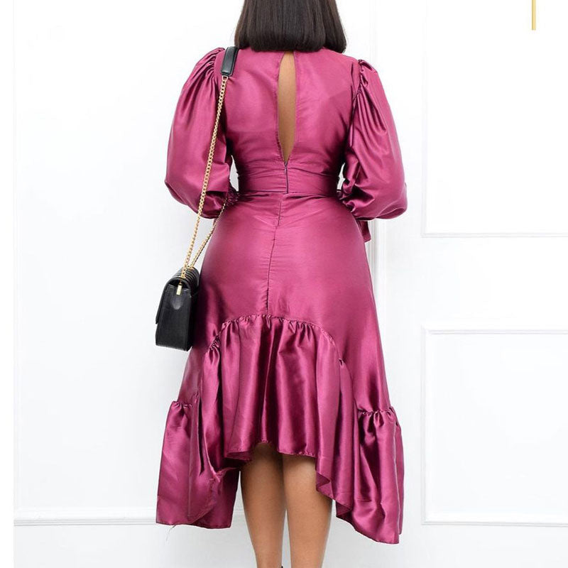 Solid V-Neck Lantern Sleeve Ruffle Design Midi Dress