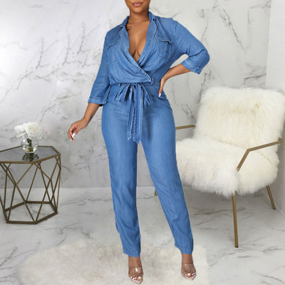 Solid Long Sleeve Denim Jumpsuit With Belt