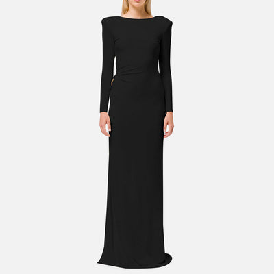 Solid Long Sleeve Backless High Slit O-Ring Floor Length Dress