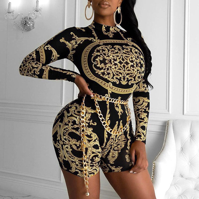 Print Long Sleeve Skinny Romper