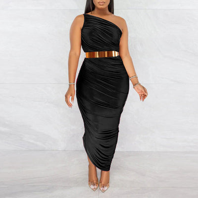 Solid Oblique Shoulder Sleeveless Ruched Midi Dress